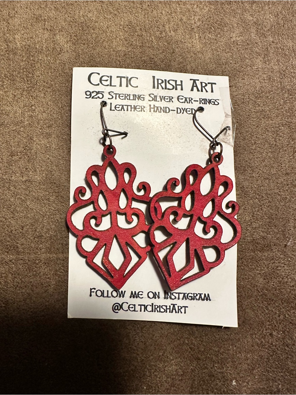 Red Leather Filigree Drop Earrings